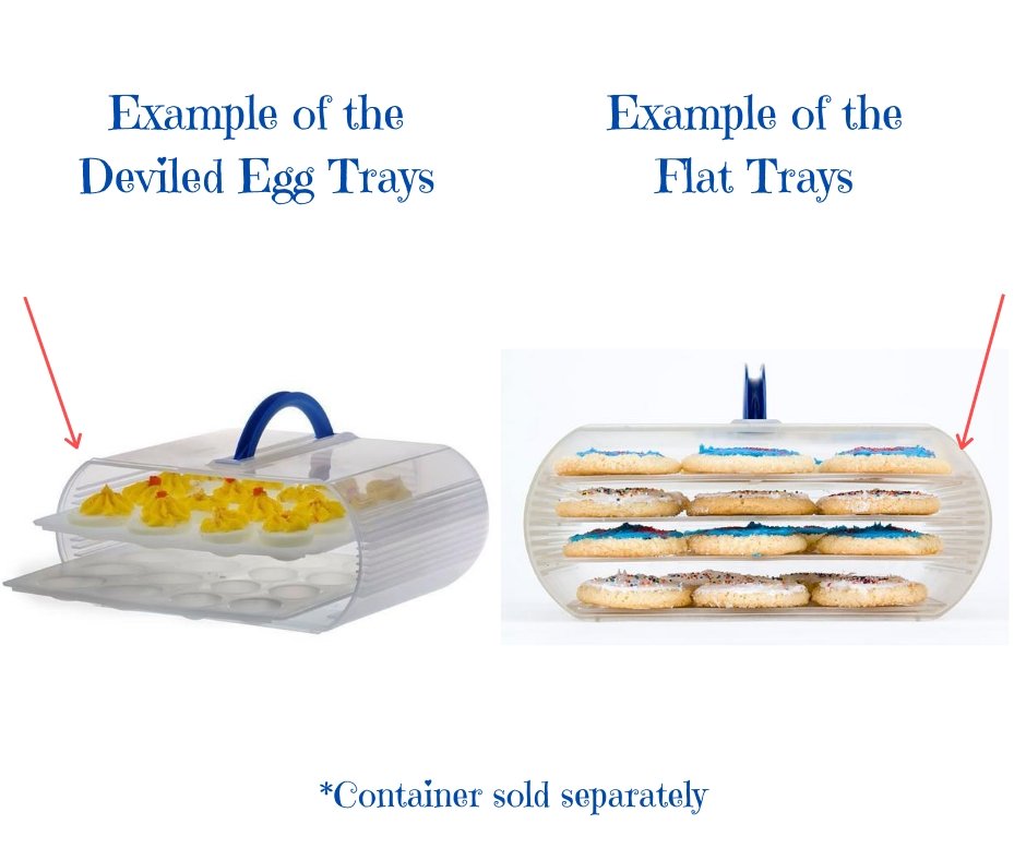 Bakers Sto N Go cookie containers are also great for deviled eggs. Simply remove the trays that hold the frosted cookies, and iced cookies, and insert the deviled egg trays. This food storage container now becomes a deviled egg container. Made in USA. Women Owned.