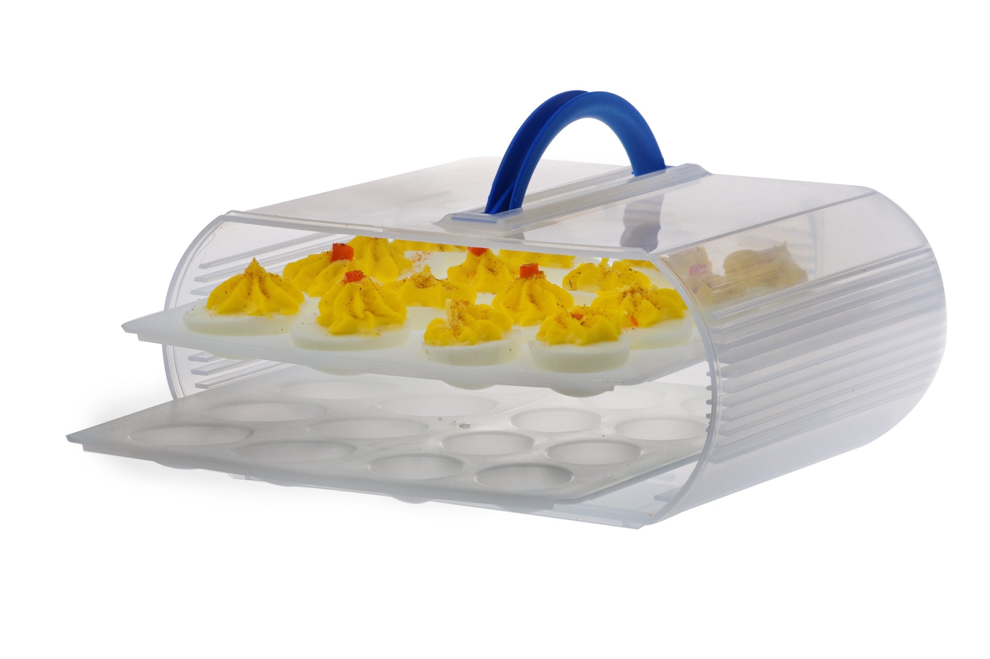 Bakers Sto N Go cookie containers are also great for deviled eggs. Simply remove the trays that hold the frosted cookies, and iced cookies, and insert the deviled egg trays. This food storage container now becomes a deviled egg container. Made in USA. Women Owned.