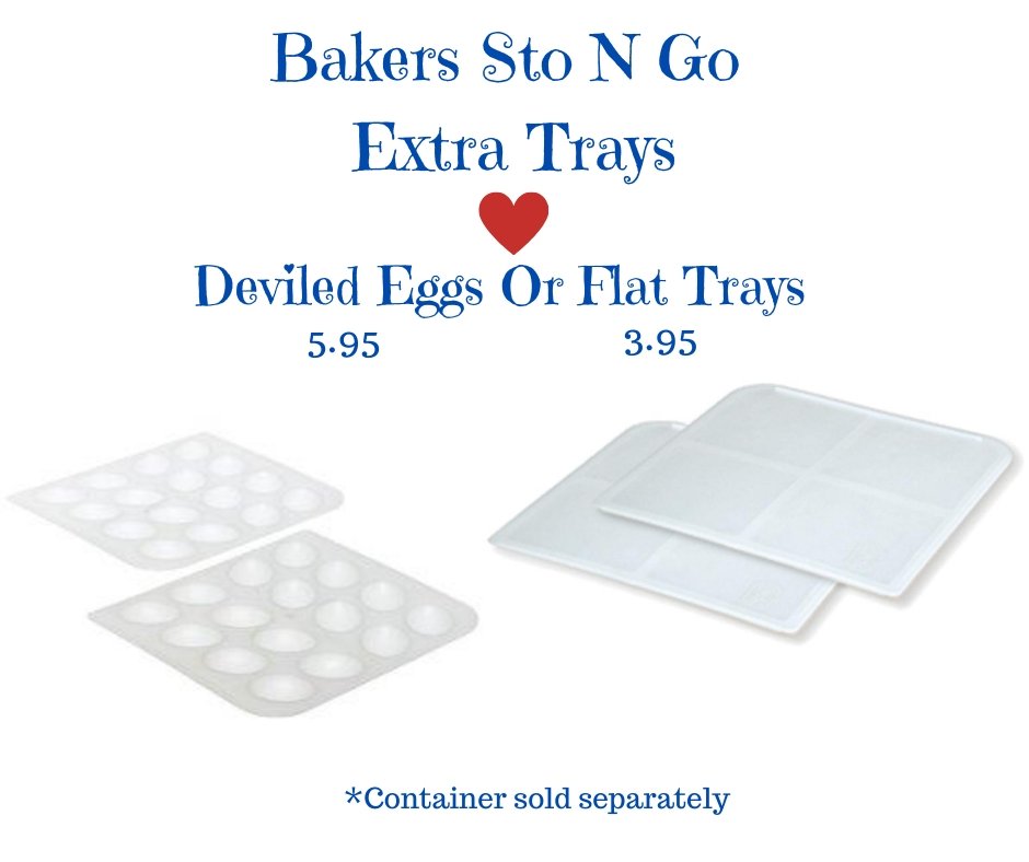 Bakers Sto N Go cookie containers are also great for deviled eggs. Simply remove the trays that hold the frosted cookies, and iced cookies, and insert the deviled egg trays. This food storage container now becomes a deviled egg container. Made in USA. Women Owned.